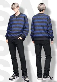 Freude (フロイデ)LLサイズ ボーダー ニット セーター ブルー 長袖