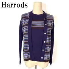 Harrodsハロッズウールボーダー長袖ニットアンサンブルパープルS B6090