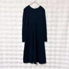 ユニクロ 長袖 クルーネック ワンピース M ネイビー ミモレ丈 ウエスト切替