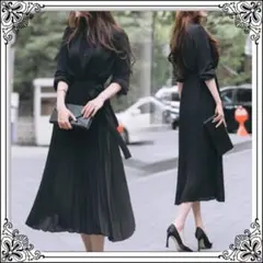 ロングワンピース プリーツ ワンピース マキシ丈 シフォン ドレス 黒ブラックM