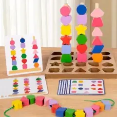 ひも通し 絵合わせ バランス　パズル 木製 知育玩具 モンテッソーリのサムネイル