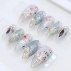 【282】ネイルチップSサイズ オーロラマグネット グラデーション 花柄 パール