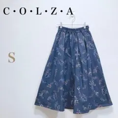 美品 コルザ フレアスカート 小花柄 ネイビー S 前ボタン バックゴム タックのサムネイル
