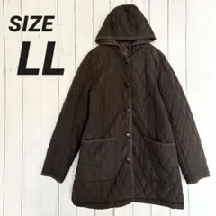 キルティングコート フード付き 中綿 ロング丈 ドット柄 裏地 ブラウン LL