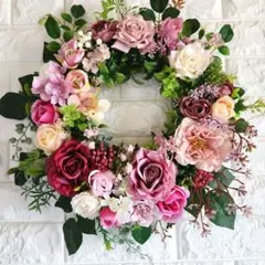 フラワーリース 春爛漫17 咲き誇る花たちの花かご 玄関リース 造花 母