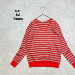 【GAP】長袖ボーダーニット　赤×グレー　S Ｖネック　やや薄手　毛100%
