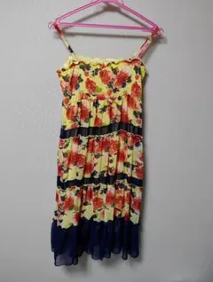 イエローフラワーノースリーブミニワンピース M