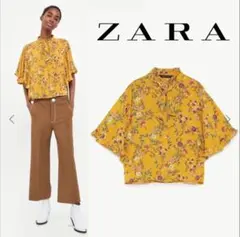 【美品！】ZARA 花柄 フリル袖 ブラウス イエロー M ポリエステルさらさらのサムネイル