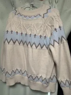 長袖ニットセーター クリーム色 水色