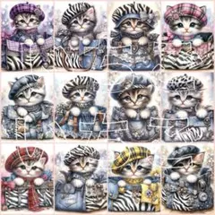 猫柄　タータンチェック　パネル生地