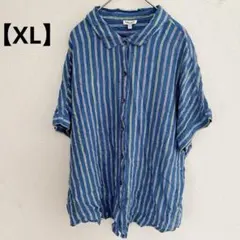 ✨一点限り✨【XL】半袖　シャツ 青　ストライプ　トップス　カジュアル