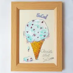 額付き チョコミントアイスクリーム アクリル画 テクスチャーアート 立体 手書き