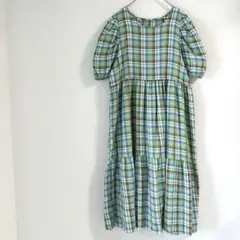 チェック柄　ロングワンピース　パフスリーブ　グリーン系　フリーサイズ