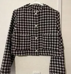 ノーカラー クロップドジャケット ブラウンホワイトチェック