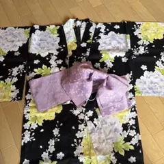 浴衣 作り帯 セット♪ 黒地 菊柄 白紫の乱菊 | Mercari