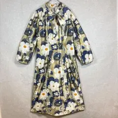 レトロ 花柄 ロングワンピース ボウタイ 長袖 総柄 大花柄 昭和レトロ　M相当