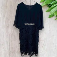 ワンピース M 美品 半袖 膝丈 レース パール ビジュー ネイビー パーティー