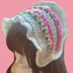 【57】お花モチーフ　ヘッドドレス　バブーシュカ　白　ピンク