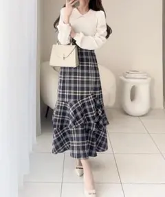 mily bilet シャツ襟チェックアシメフリルドッキングロングワンピース