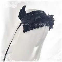 ♡ 天使の羽 薔薇付き ボンネット風フリルリボンヘッドドレス black ♡