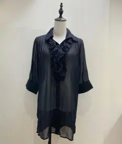 タグ付き新品　М　ネイビー　襟フリル　五分袖　シアー　ロングブラウス　ゆったり