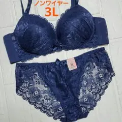 3L 新品未使用 ノンワイヤー ブラショーツセット 濃紺色 No.28 総レース
