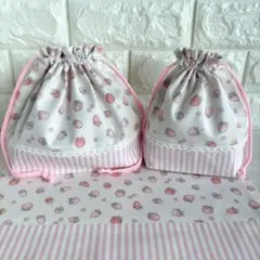 25×35ランチョンマット&お弁当袋&コップ袋　いちご　ぴんく　ストライプ