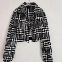 FOREVER21 千鳥柄ツイードジャケット ショート丈 白黒 L クラシックのサムネイル