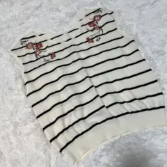 ジルスチュアート　Ｖネック　ニット　ベスト　フリーサイズ　刺繍　ボーダー　白