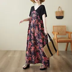 【新品】大きいサイズ春夏 半袖 花柄　赤系ロングワンピース 4L5Lゆったり