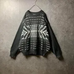 ヴィンテージ　セーター　ニット　黒　白　総柄　古着　ダボ感