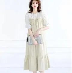 chesty パフスリーブ切替ワンピース ベージュ×ホワイト完売品