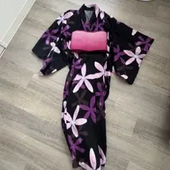 UNIQLO 浴衣 帯セット 黒地 花柄 グラデーション帯のサムネイル