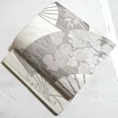A◆着物くつろぎ 瑞祥錦 扇面に花模様 銀糸 白地 六通 正絹 袋帯 08