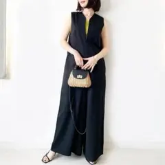 ブラックノースリーブオーバーオール オールインワン ジャンプ スーツ パンツ◇
