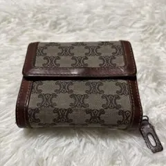 ブラウン 三つ折り財布 キャンバス レザー