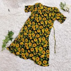 ワンピース　半袖　綿100% インド製　ひまわり柄　花柄　総柄　華やかリボン　L