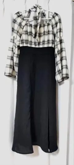 【試着のみ】М〜Lチェック柄切替ロングワンピース ハイウエスト きれいめ