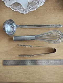 ヴィンテージ❋ステンレス製 キッチンツール 3点セット おたま 泡立て器 トングのサムネイル