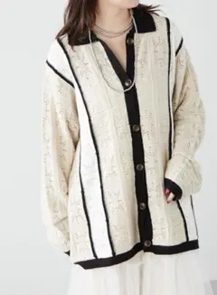 NUNIFE　 配色ライン透かしカーディガン