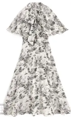 トワルドジュイ柄ケープカラーボウタイプリーツワンピース