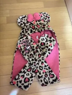 ミニーマウス 耳付き ヒョウ柄 フリース マフラー ファンキャップ