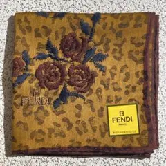 FENDI　フェンディ　ハンカチ　レオパード　バラ　刺繍　ブラウン系　約47cm