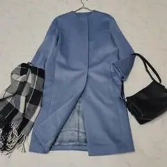 専用 23区 40 アンゴラ ウール 羊毛 ノーカラーロングコート 春色 ブルー