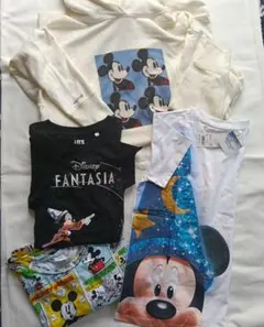 ミッキーマウス Tシャツ３枚＆トレーナー生地フード付ワンピースセット