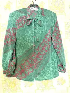 昭和レトロ ペイズリー切替 ボウタイブラウス 総柄 グリーン×ピンク40