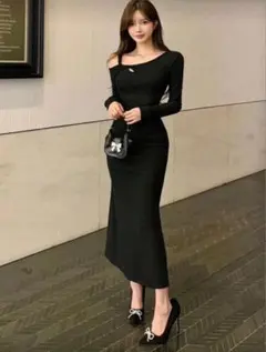 SHEIN オフショルダー ブラック ロングニットワンピース Lサイズ
