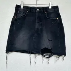 ★H&M ダメージ デニム ミニスカート カットオフ 【XL】黒 綿 グランジ