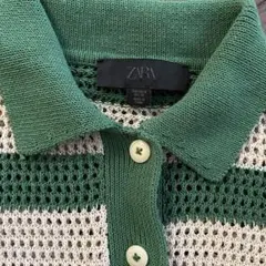 ZARA グリーン×ホワイト ボーダー ニットポロシャツ