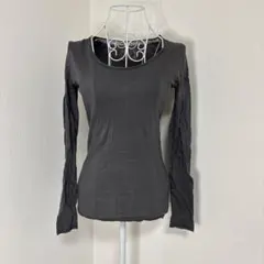 長袖Tシャツ カットソー Uネック 無地 シンプル ダークグレー【L】